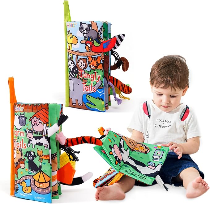 Jollybaby 2 PCS Sensory Touch and Feel Crinkle Books for Baby 0-6 Months, Jungle Farm Tails Montessori Car Set Toys for Tummy Time Newborn 6-12, Soft Fabric Cloth Books for Infant 1 Year Old Gift-CubbioJoy