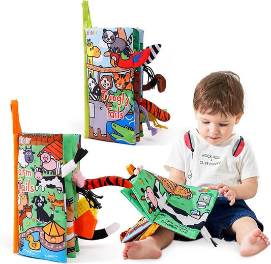 Jollybaby 2 PCS Sensory Touch and Feel Crinkle Books for Baby 0-6 Months, Jungle Farm Tails Montessori Car Set Toys for Tummy Time Newborn 6-12, Soft Fabric Cloth Books for Infant 1 Year Old Gift-CubbioJoy
