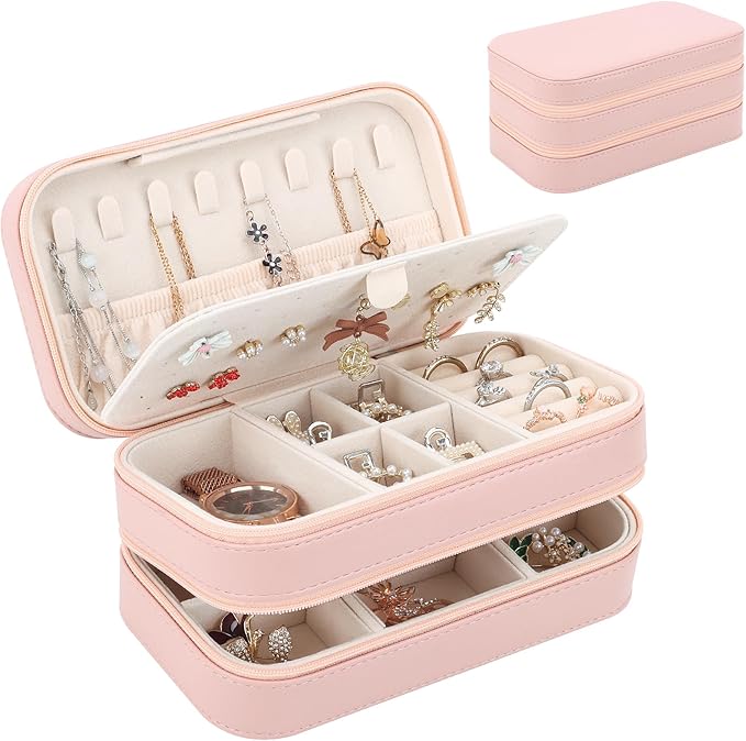 DesignSter Small Travel Jewelry Box with Double Zipper, 2 Layers PU Portable Jewelry Case for Women and Girls,Travel Jewelry Organizer for Rings, Earrings, Necklaces, Bracelets,Pink-CubbioJoy