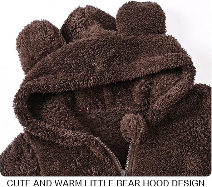 Baby Fleece Jumpsuits Infant Bear Ear Snowsuit Newborn Hooded Romper Warm Coat-CubbioJoy