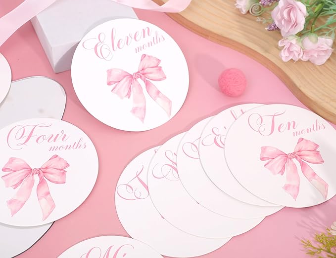 Bow Baby Monthly Milestone Markers - Baby Monthly Milestone Discs Photos,Coquette Bow Month Photo Signs,Baby’S First Year Newborn Signs for Girl (Pink)-CubbioJoy