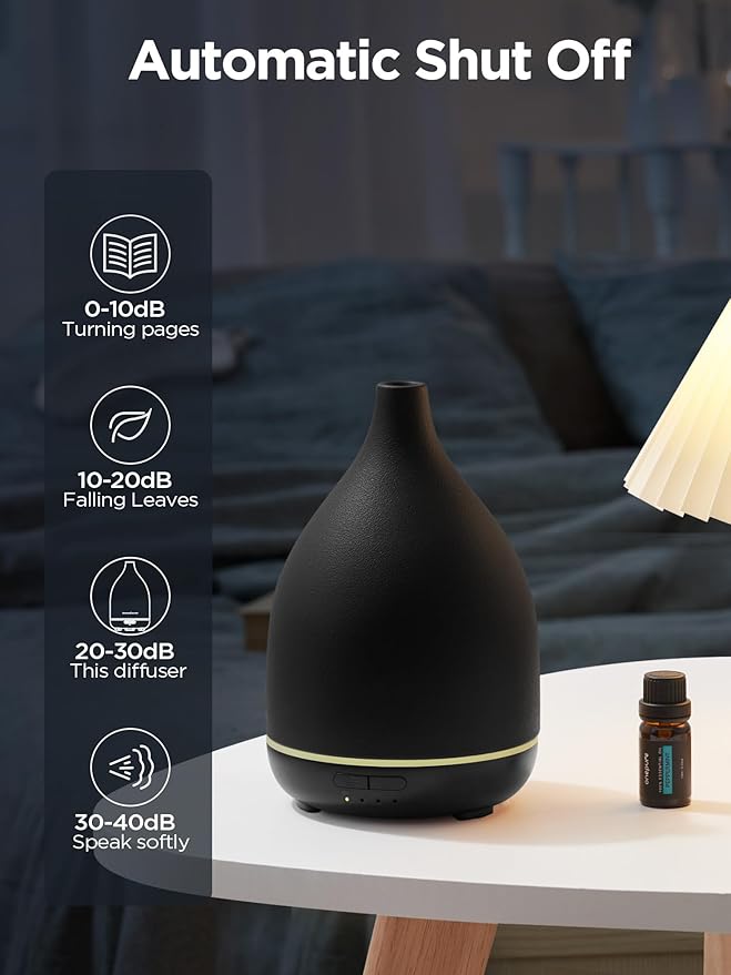 InnoGear Oil Diffuser, 300ML Ceramic Diffuser for Essential Oils Handcrafted Aromatherapy Diffuser Ultrasonic Cool Mist Humidifier with 4 Timers Waterless Auto Off for Room Office, Black-CubbioJoy