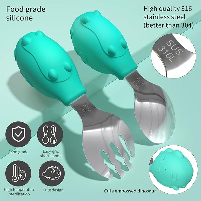 Deejoy Toddler Utensils - Stainless Steel Spoons and Forks, Kids Silverware Self Feeding Flatware Set with Travel Safe Case (Green)-CubbioJoy