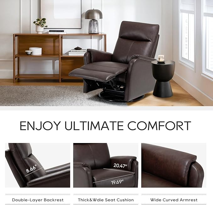 COLAMY Leather Swivel Recliner Chair with Footrest, Rocker Recliner Chair High Back with Double-Layer Cushion, Glider Recliner for Nursery & Living Room, Bedroom, Chocolate-CubbioJoy