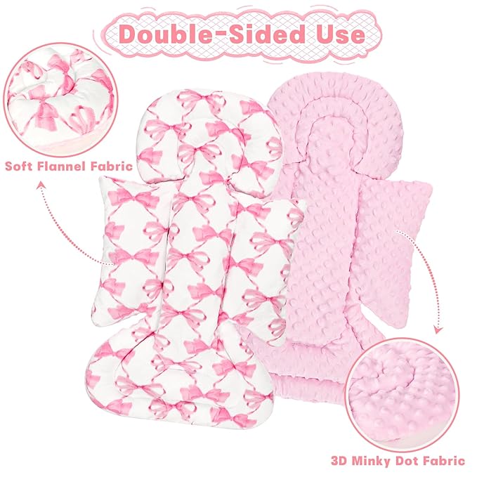 Infant Car Seat Insert, Soft Baby Car Seat Head & Body Support for Girl Boy, Reversible Newborn Preemie Carseat Insert Cushion with 3 Straps Pads, Fits Car Seat, Stroller, Swing, Bouncer, Pink Bow-CubbioJoy
