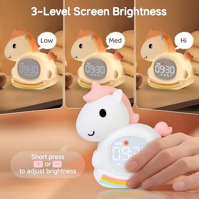 Cute Alarm Clock for Kids with Night Light, Sleep Training Clock Time to Wake Clock, Rechargeable Silicone Light for Bedroom, Perfect Sleep Companion for Boys Girls, Pink Pony-CubbioJoy