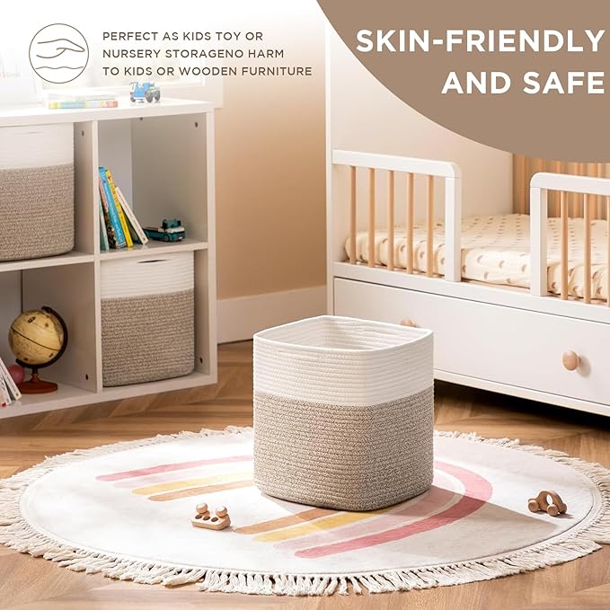 joybest Cube Storage Bins Set of 4, 13inch Cube Baskets Organizer for Nursery, Square Cotton Rope Baskets for Shelves Organizing, Kids Toy, Closet Storage, Brown and Cream White-CubbioJoy