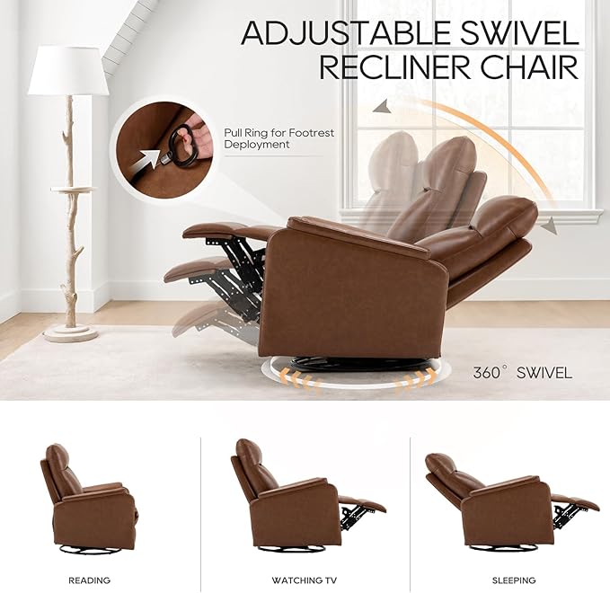 COLAMY Leather Swivel Recliner Chair with Footrest, Rocker Recliner High Back with Double-Layer Cushion, Glider Recliner for Nursery & Living Room, Bedroom, Cocoa-CubbioJoy