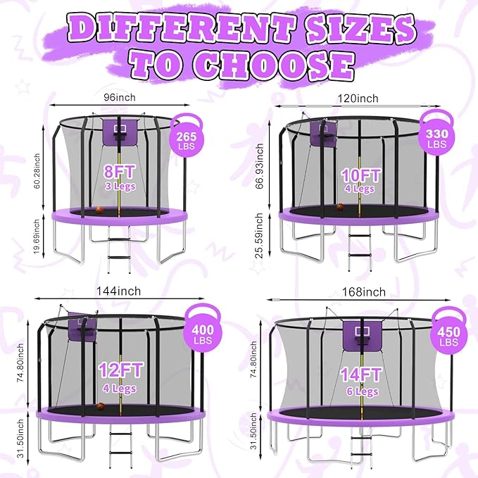 8FT 10FT 12FT 14FT Outdoor Trampoline with Basketball Hoop and LED Lights, ASTM Approved Recreational Trampolines for Kids and Adults with Net and Ladder-CubbioJoy