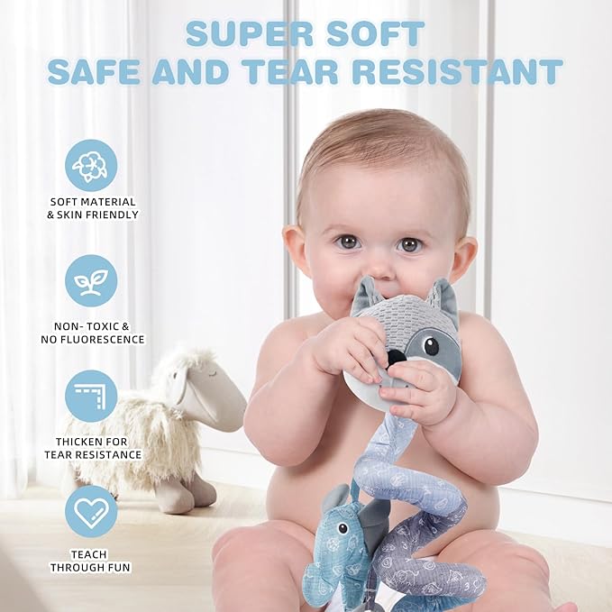 Jollybaby Baby Car Seat Stroller Toys, Plush Activity Hanging Spiral Activity Pram Crib with Music Box, Rattles, Squeaker for Babies Infant Boys Girls(Grey Fox)-CubbioJoy