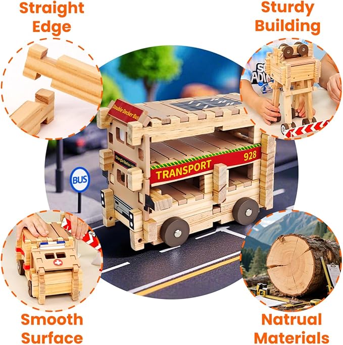 Jovi-mindly＆Notchies Wooden Blocks Train Set 101 PCS Create 40+ Shapes,Toys Educational Wooden Building Blocks Puzzles for Kids Ages 5-8 Boys and Girls,Truck/Excavator,FSC Certified,Graduate Gifts-CubbioJoy