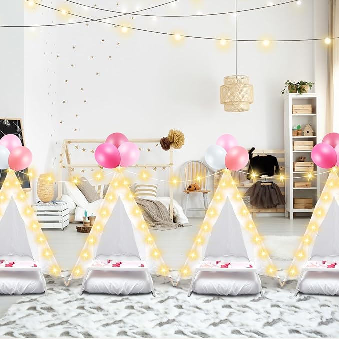 6 Pack Sleepovers Teepee Tent for Kids Bulk with Mattress Sheet Light,Natural Cotton Washable Indoor Play Tent for Birthday Slumber Party Girls Boys Pajama Movie Night Supplies(White)-CubbioJoy