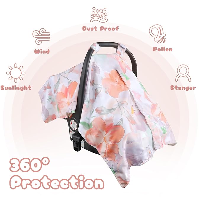 Car Seat Cover Baby, Infant Car Seat Canopy Covers for Newborn Girls Boys, Soft Minky Carseat Covers Stretchy Multi-Use Nursing Cover for Stroller Baby Car Seat, Purple Floral-CubbioJoy