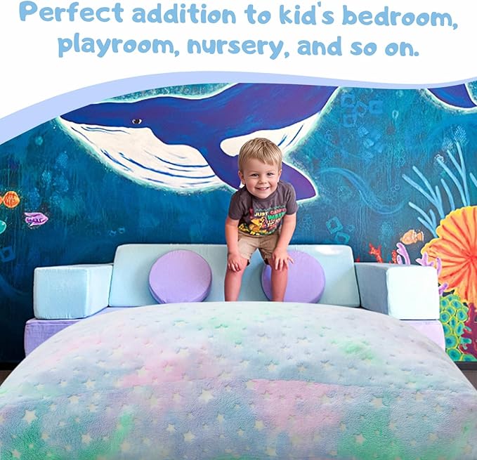 COMAX Kids Bean Bag Chair Turn into Beanbag Bed, Unicorn Toddler Bean Chair for Girl Boy Sleeping, Lazy Children Sofa Couch with Filler, Convertible Child Floor Mattress, Colorful Star-CubbioJoy