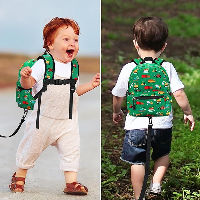 Accmor Toddler Backpack with Leash, Cute Baby Backpack with Anti Lost Wrist Link, Mini Kids Backpack Leash Walking Harness for Travel, Small Excavator Backpack Tether for Boys Girls Ages 1-3 (Green)-CubbioJoy