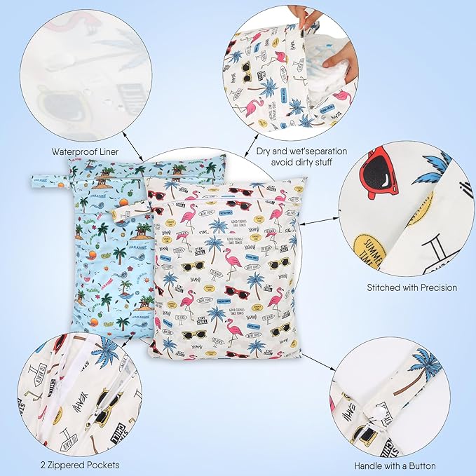2pcs Travel Waterproof Laundry Bag, Cloth Diaper Wet Dry Bags with Handle & 2 Zipper Pockets, Reusable Washable Dirty Clothes Bag for Baby Adult Travelling Hanging, Bathing Beach Pool Daycare-CubbioJoy