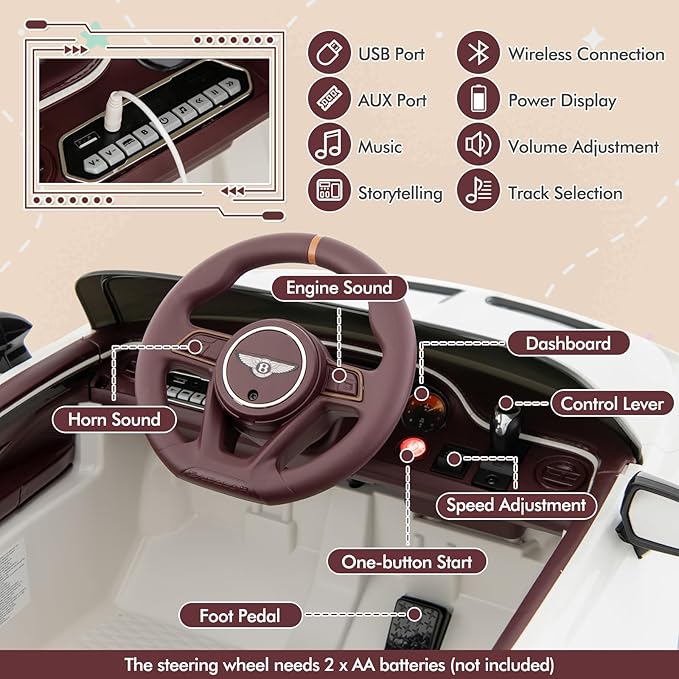 Costzon Ride on Car, 12V Licensed Bentley Bacalar Battery Powered Kids' Electric Vehicles w/Remote Control, Scissor Doors, Wireless Connection, Lights/Sound Effects, Kids Car Toys for Toddlers(White)-CubbioJoy