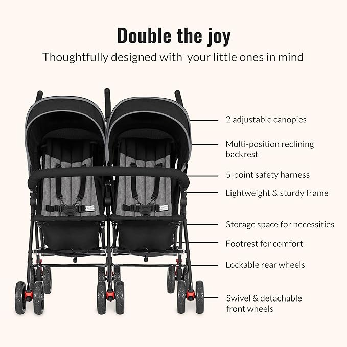 Dream On Me Volgo Twin Umbrella Stroller in Black, Lightweight Double Stroller for Infant & Toddler, Compact Easy Fold, Large Storage Basket, Large and Adjustable Canopy-CubbioJoy