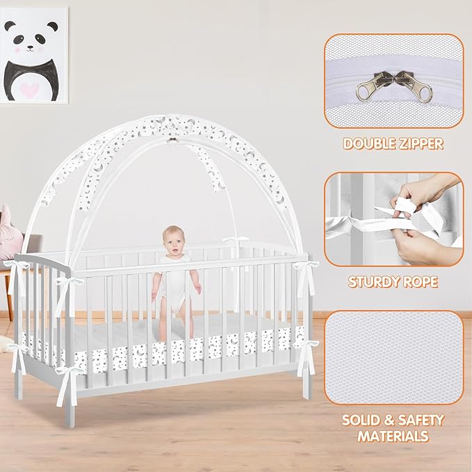 Crib Tent to Keep Baby from Climbing Out - Crib Net to Keep Baby in - Pop Up Breathable Cribs Cover - Canopy with Upgrade Strong Mesh and Durable Zipper (White-Star and Moon, Lager)-CubbioJoy