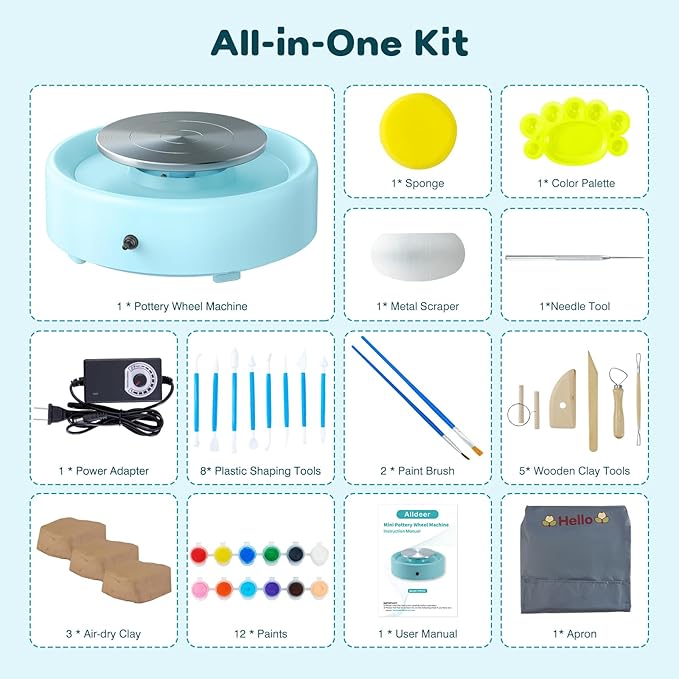 Alldeer Mini Pottery Wheel Machine - 6" Upgraded Clay Wheel for Beginners & Kids, 75W Motor, Adjustable Speed, Low Noise Ceramic Making Kit with 18PCS Sculpting Tools, Ideal for Home DIY-CubbioJoy