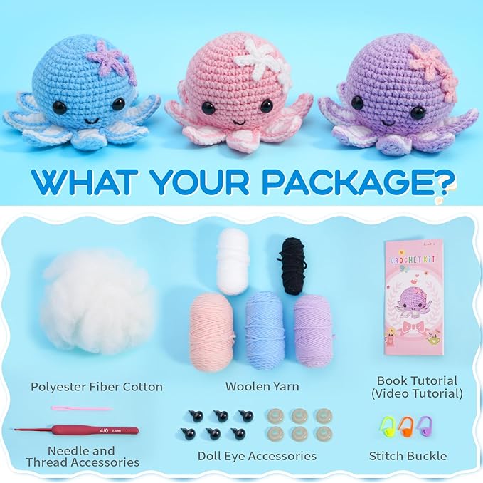Crochet Kit for Beginners, Make 3 Amigurumi Crochet Animals with Step-by-Step Video Tutorials, Complete Starter Kit for Adults, Kids and Teens, Perfect DIY Craft Gift to Learn Crocheting-CubbioJoy