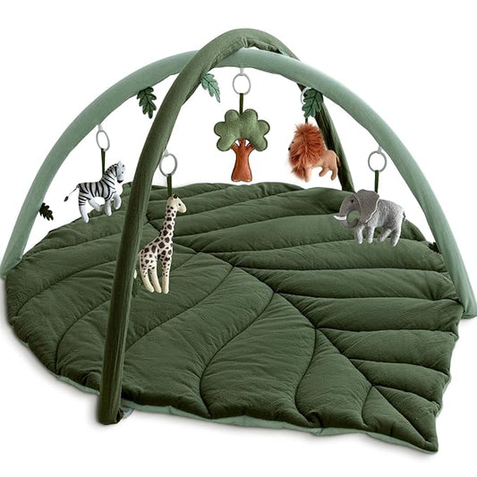 Baby Play Gym with Mat Leaf Shaped, Baby Play Mat with 6 Hanging Toys Tummy Time Mat, Baby Gym Activity Center, Washable (Green)-CubbioJoy