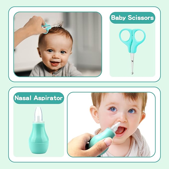 Baby Grooming Kit, Infant Safety Care Set with Hair Brush Comb Nail Clipper Nasal Aspirator,Baby Essentials Kit for Newborn Girls Boys (13 Pc Green Kit)-CubbioJoy