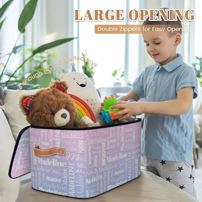 Custom Storage Basket with Name, Personalized Storage Bins with Zipper Lid, Foldable Fabric Storage Box Large capacity with Handle Pink Purple-CubbioJoy