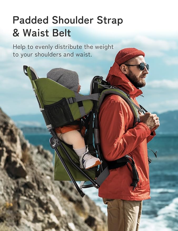 besrey Baby Backpack Carrier, Toddler Hiking Backpack with Safety 3-Height Seat, Adjustable Straps&Waist Belt, Foldable Frame Lightweight Large Capacity Child Carrier for Hiking (Army Green)-CubbioJoy