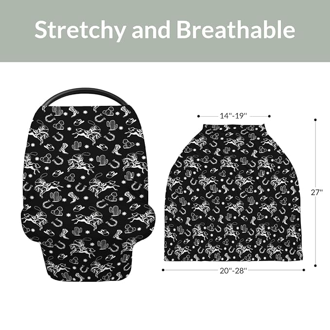 Country Western Car Seat Cover for Baby Cowboy Hat Boots Horse Cactus Stretchy 5-in-1 Covers Adjustable Car Canopy Breastfeeding Cover Wild West Desert Breathable Nursing Cover-Up-CubbioJoy
