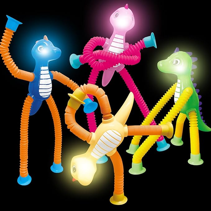 Dinosaur Pop Tubes Toys LED Light Up Mini Figures Fidget Sensory Toys Dino Telescopic Suction Cup Gift Sets, Toddler Autism Stress Relief Party Favors Prizes Stocking Stuffers for Kids 3+-CubbioJoy