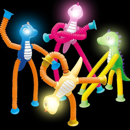 Dinosaur Pop Tubes Toys LED Light Up Mini Figures Fidget Sensory Toys Dino Telescopic Suction Cup Gift Sets, Toddler Autism Stress Relief Party Favors Prizes Stocking Stuffers for Kids 3+-CubbioJoy
