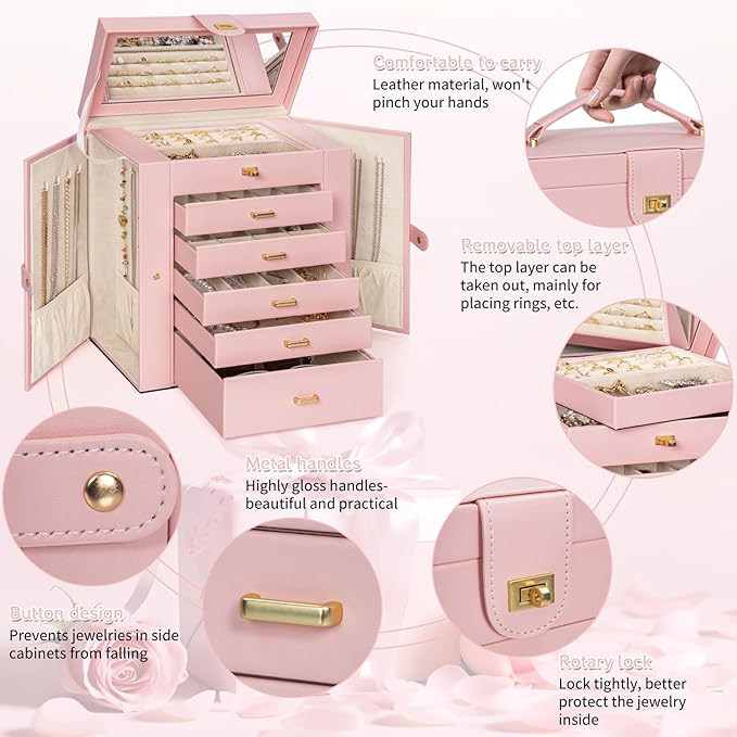 AKOZLIN 6-Tier Jewelry Box Organizer Functional Leather Jewelry Storage Case for Women Girls Ring Necklace Earring Bracelet Holder Organizer with Mirror-CubbioJoy