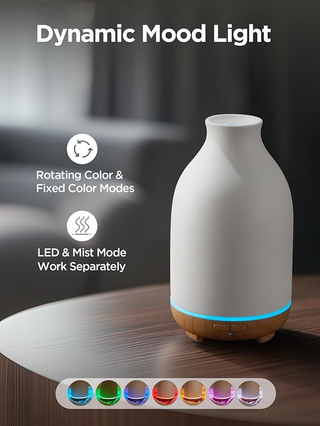InnoGear Essential Oil Diffuser, 150ml Ceramic Stone Diffuser Handcrafted Aromatherapy Diffusers Ultrasonic Cool Mist Humidifier Vaporizor with 2 Mist Modes Waterless Auto Off for Room Office, White-CubbioJoy