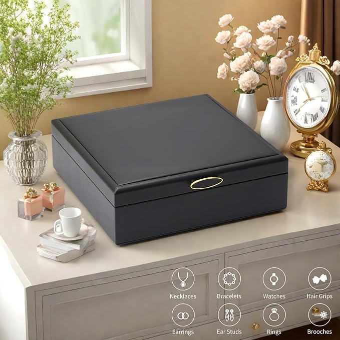 2-layer jewelry box，Jewelry Organizer with Handle，with hanging necklace hooks, detachable jewelry trays, suitable for storing a large amount of jewelry gift box (Large-Black)-CubbioJoy