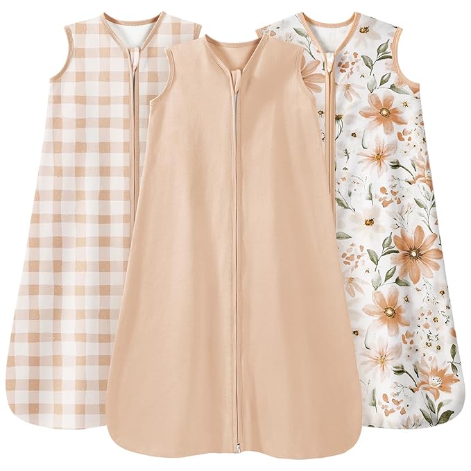 Baby Sleep Sack 18-24 Months 3 Pack 100% Cotton Lightweight 0.5 TOG Wearable Blanket Baby Sleep Bag with 2-Way Zipper for Newborn Infant Orange Flowers & Plaid-CubbioJoy