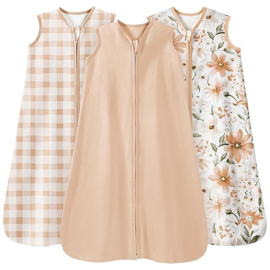 Baby Sleep Sack 18-24 Months 3 Pack 100% Cotton Lightweight 0.5 TOG Wearable Blanket Baby Sleep Bag with 2-Way Zipper for Newborn Infant Orange Flowers & Plaid-CubbioJoy