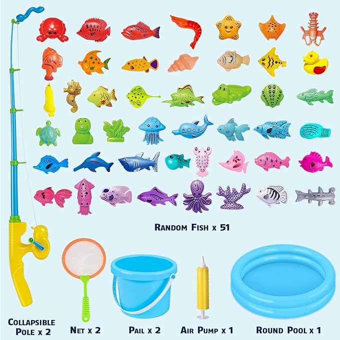 CozyBomB™ Magnetic Fishing Toys Game Set for Kids | Water Table Bathtub Kiddie Pool Party & Pole Rod Net, Plastic Floating Fish Toddler Color Ocean Sea Animals Birthday Age 3 4 5 6 Year-CubbioJoy