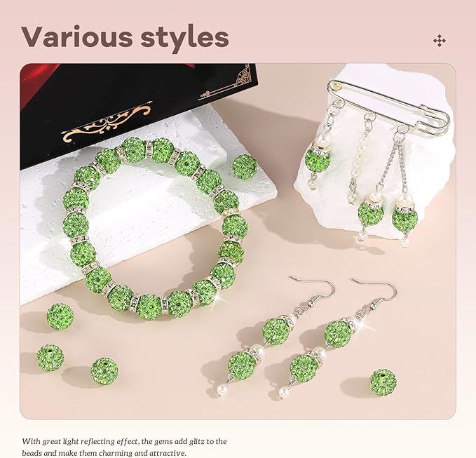 200pcs 10mm Rhinestone Beads for Jewelry Making, Light Green Shiny Round Disco Ball Beads Bulk, Sparkle Crystal Clay Christmas for Bracelet Baseball Necklace Earring Crafting and DIY-CubbioJoy