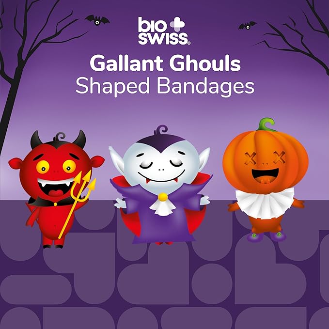 BioSwiss Bandages, Halloween Ghouls Shaped Self Adhesive Bandage, Latex Free Sterile Wound Care, Fun First Aid Kit Supplies for Kids and Adults, 50 Count-CubbioJoy