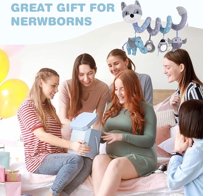 Jollybaby Baby Car Seat Stroller Toys, Plush Activity Hanging Spiral Activity Pram Crib with Music Box, Rattles, Squeaker for Babies Infant Boys Girls(Grey Fox)-CubbioJoy