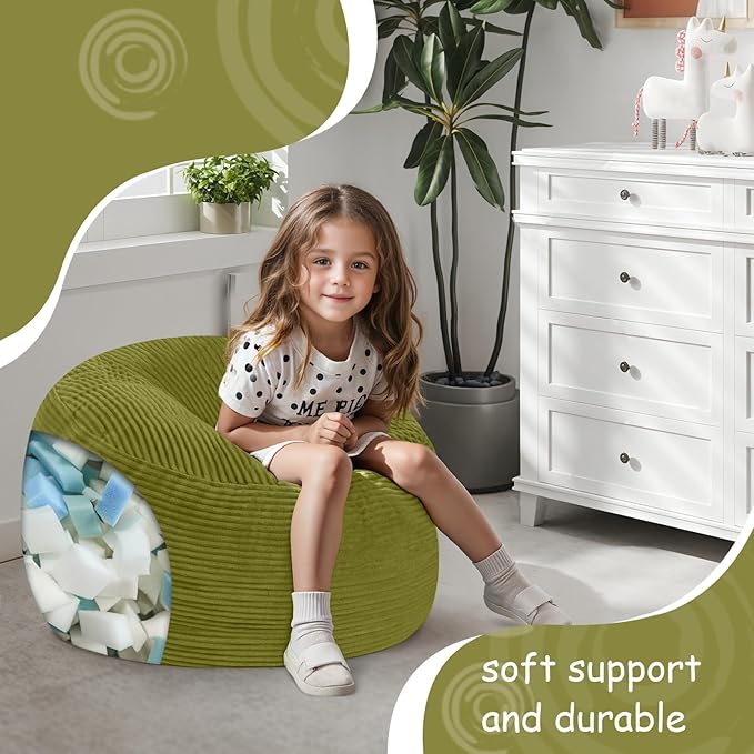 COMAX Kids Bean Bag Chair Turn into Beanbag Bed, Toddler Bean Chair Corduroy for Girl Boy Sleeping, Lazy Children Bean Bags with Filler, Convertible Child Floor Mattress, Light Green-CubbioJoy