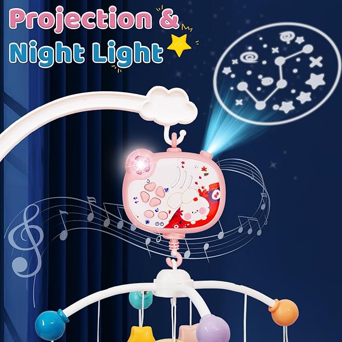 Baby Mobiles for Cribs, Crib Mobile with Music and Lights, Nursery Musical Mobile for Bassinets Hanging Toys with Remote Control, Rotation, Projection, Animal Mobile Arm Clip On for Infant Boys Girls-CubbioJoy