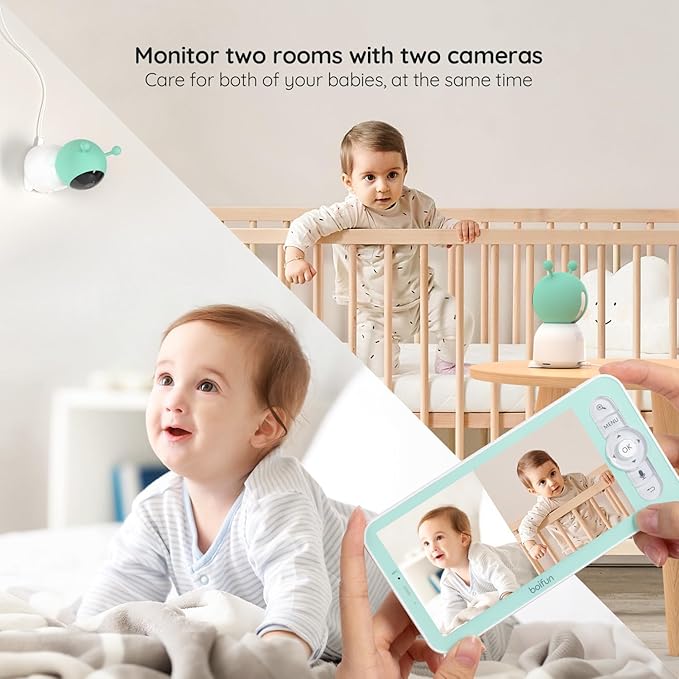 BOIFUN 2K Split-Screen 5 Inch Wi-Fi Baby Monitor With 2 Cameras, Colorful Night Light, AI Motion & Sound & Humidity & Temp Detection, Auto Tracking Via Smartphone App And Monitor Control, Night Vision-CubbioJoy