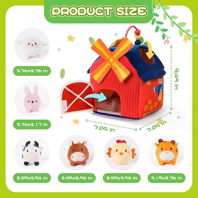 Baby Toys 6-12 Months, Montessori Sensory Toys, My First Farm House Toy with 6 Stuffed Animals,Rotating Windmill & Sunflower Crinkle, Rattle, Fun Mirror Fine Motor Skills Development,Baby Gift-CubbioJoy