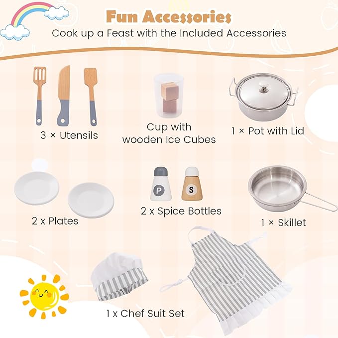 Costzon Corner Kids Kitchen Playset, Wooden Play Kitchen with Sounds & Lights, Washing Machine, Range Hood, Ice Maker, Microwave, Oven, Sink, Pretend Toy Kitchen Set for Toddler, Gift for Boys Girls-CubbioJoy