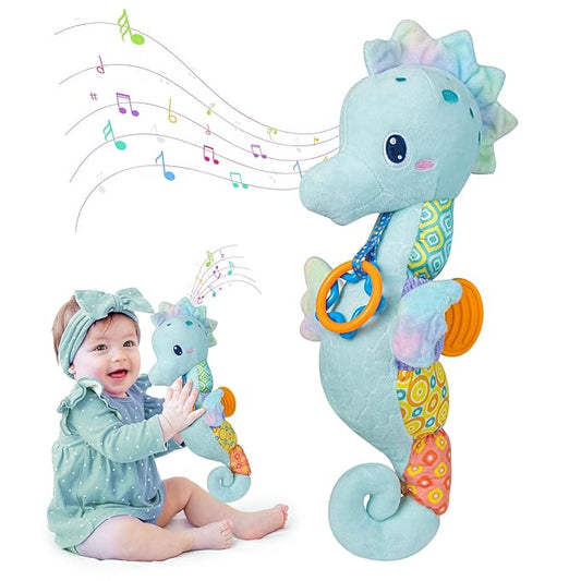 Baby Toys 0-6 Months,Infant Musical Seahorse Stuffed Animals Sensory Toys with Bright Colors,Multiple Textures,Rattles & Crinkle Sound Paper,Soft Tummy Time Toy for Newborn Boys Girls 0-12 Months-Blue-CubbioJoy