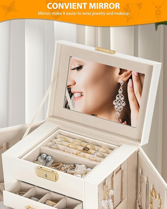 AKOZLIN 5-Tier Jewelry Box Leather Jewelry Storage Organizer with 4 Drawers Lockable for Women Girls Ring Necklace Earring Bracelet Watches Holder with Mirror White-CubbioJoy
