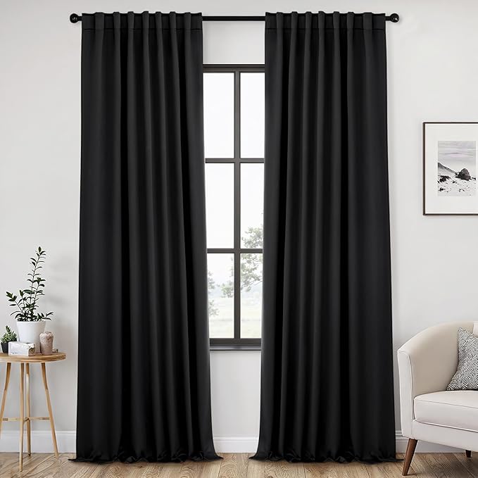 ANRODUO Back Tab Blackout Curtains for Bedroom Living Room, Rod Pocket Pinch Pleated Thermal Insulated Room Darkening Curtains 108 Inches Long 2 Panels, Black, 52 x 108 Inch-CubbioJoy