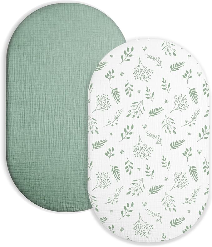 Bassinet Sheet for Baby Boy and Girl 2 Pack, Fitted Sheets for Rectangle, Oval, Hourglass Bassinet Mattress, Muslin Moses Basket Sheets with Neutral Style (Fern Leaf & Sage)-CubbioJoy